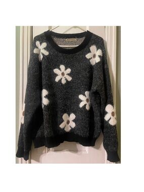 Floral Fuzzy Crewneck Sweater - Black with White Flowers